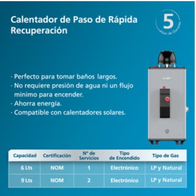Calentador de Paso Rápida Recuperación Gas LP  Mabe mod.CRM09SLP